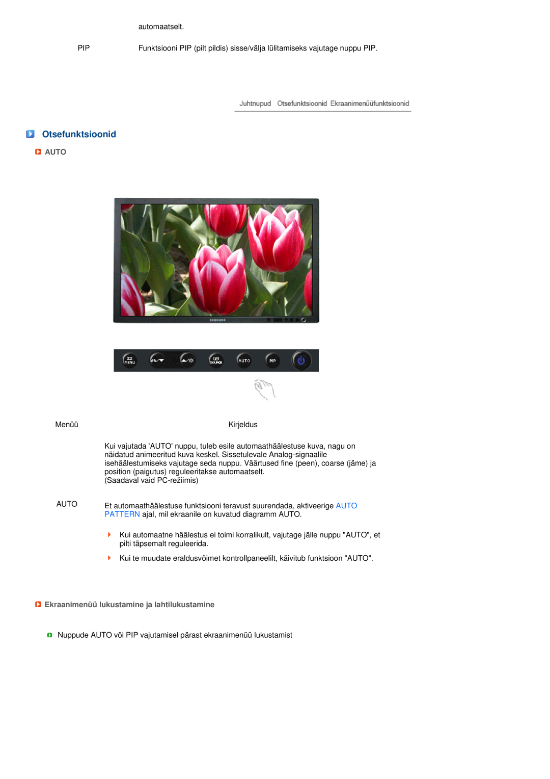 Samsung LS27HUBCB/EDC manual Otsefunktsioonid, Auto, Ekraanimenüü lukustamine ja lahtilukustamine 