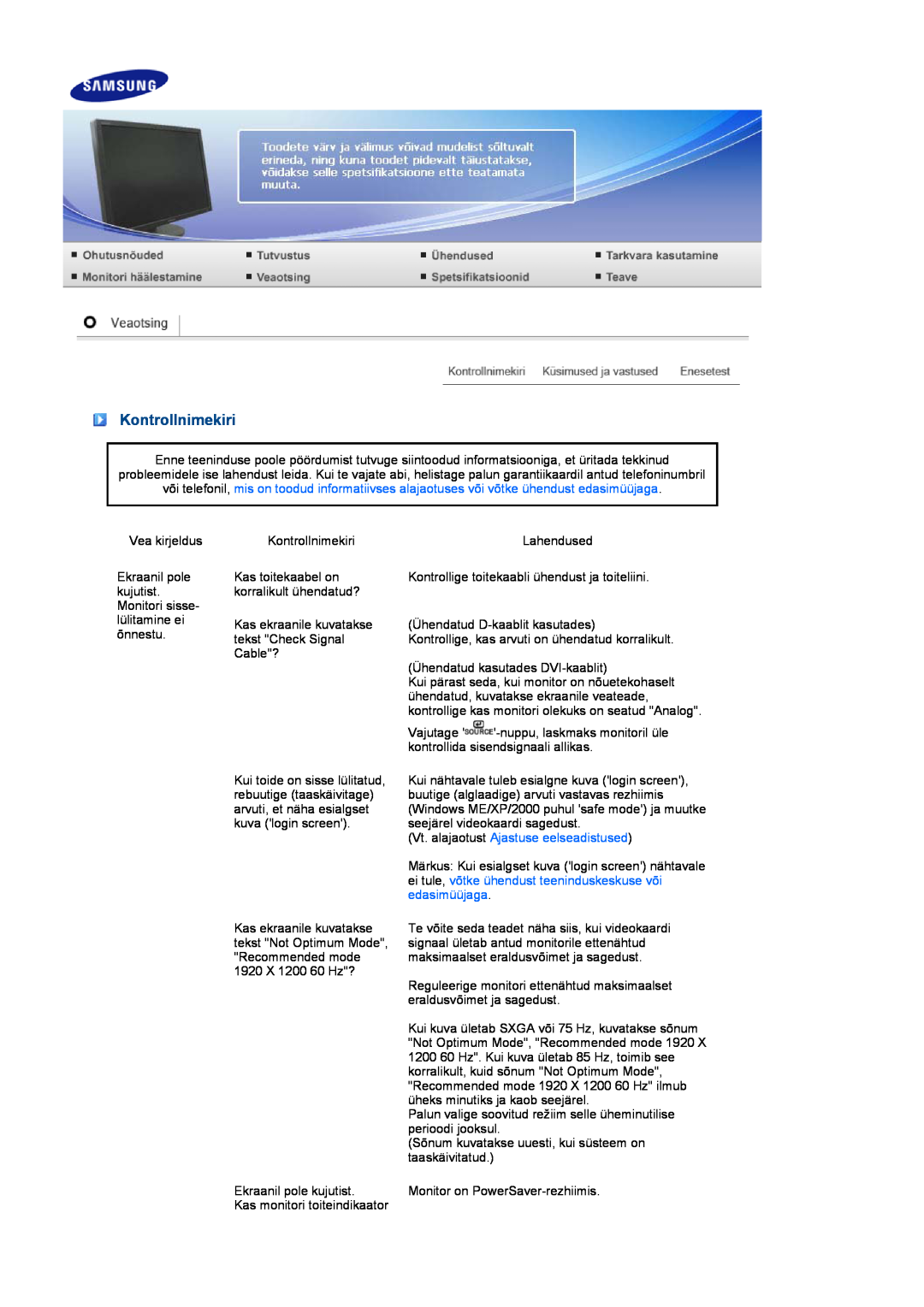 Samsung LS27HUBCB/EDC manual Kontrollnimekiri, Vt. alajaotust Ajastuse eelseadistused 