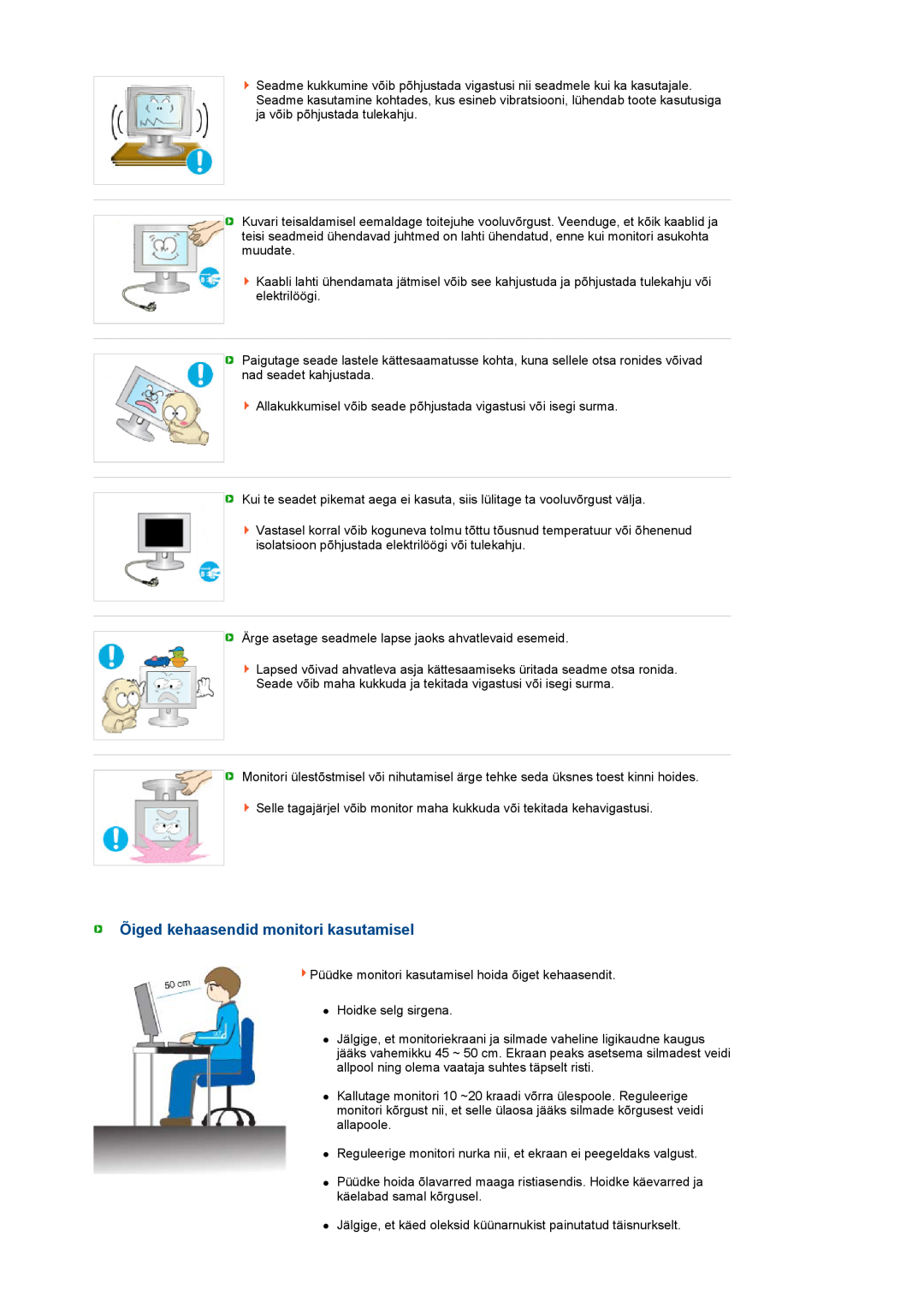 Samsung LS27HUBCB/EDC manual Õiged kehaasendid monitori kasutamisel 