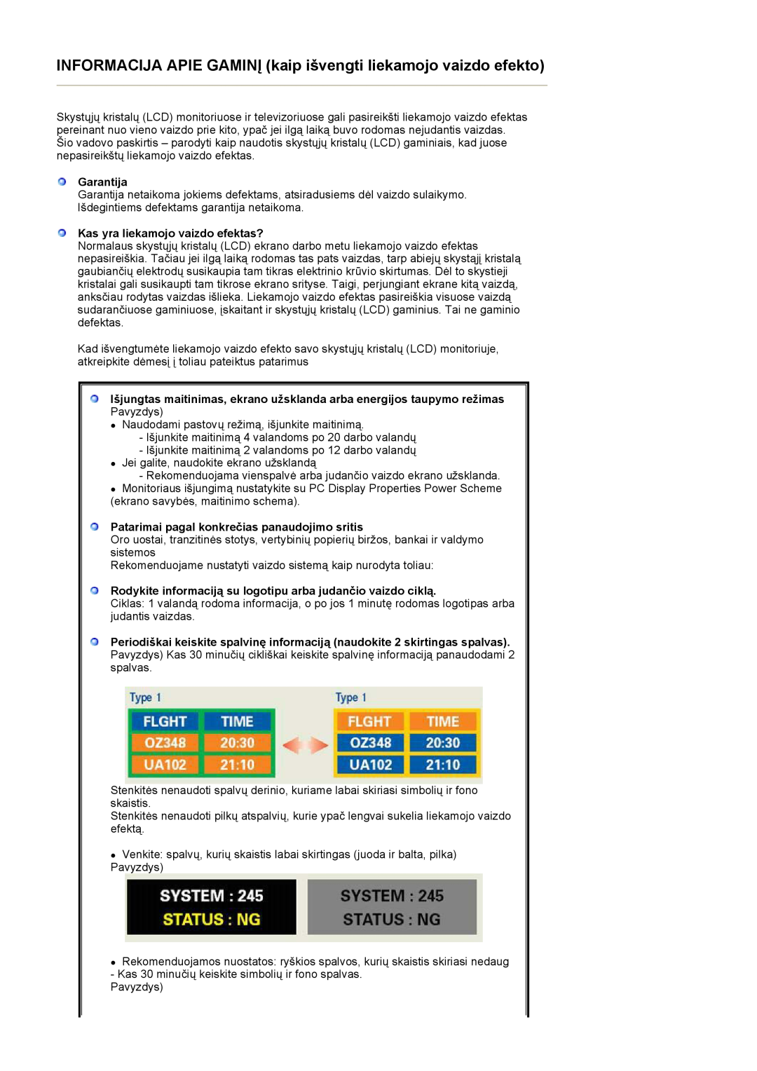 Samsung LS27HUBCB/EDC manual Garantija, Kas yra liekamojo vaizdo efektas?, Patarimai pagal konkrečias panaudojimo sritis 