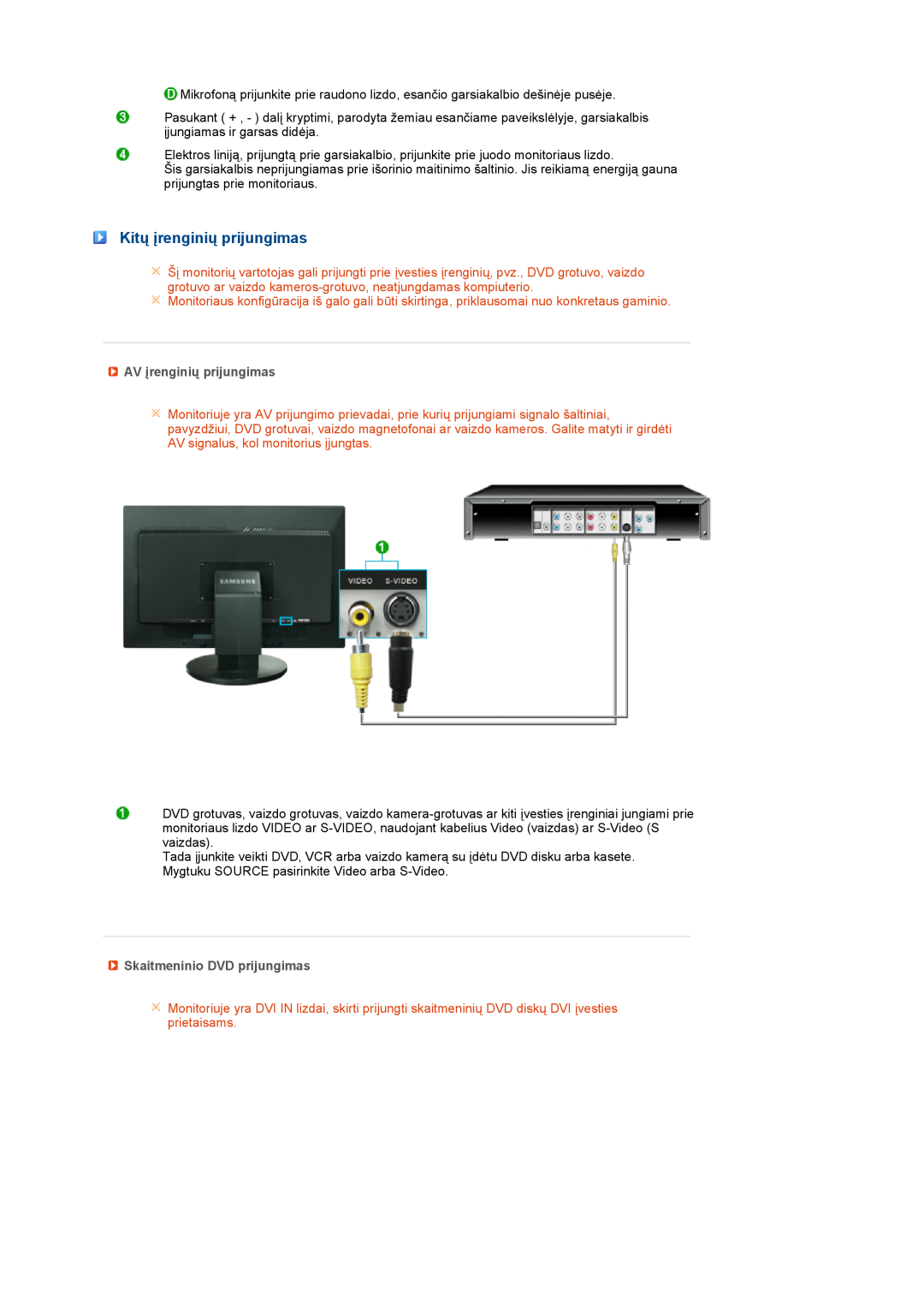 Samsung LS27HUBCB/EDC manual Kitų įrenginių prijungimas, AV įrenginių prijungimas, Skaitmeninio DVD prijungimas 