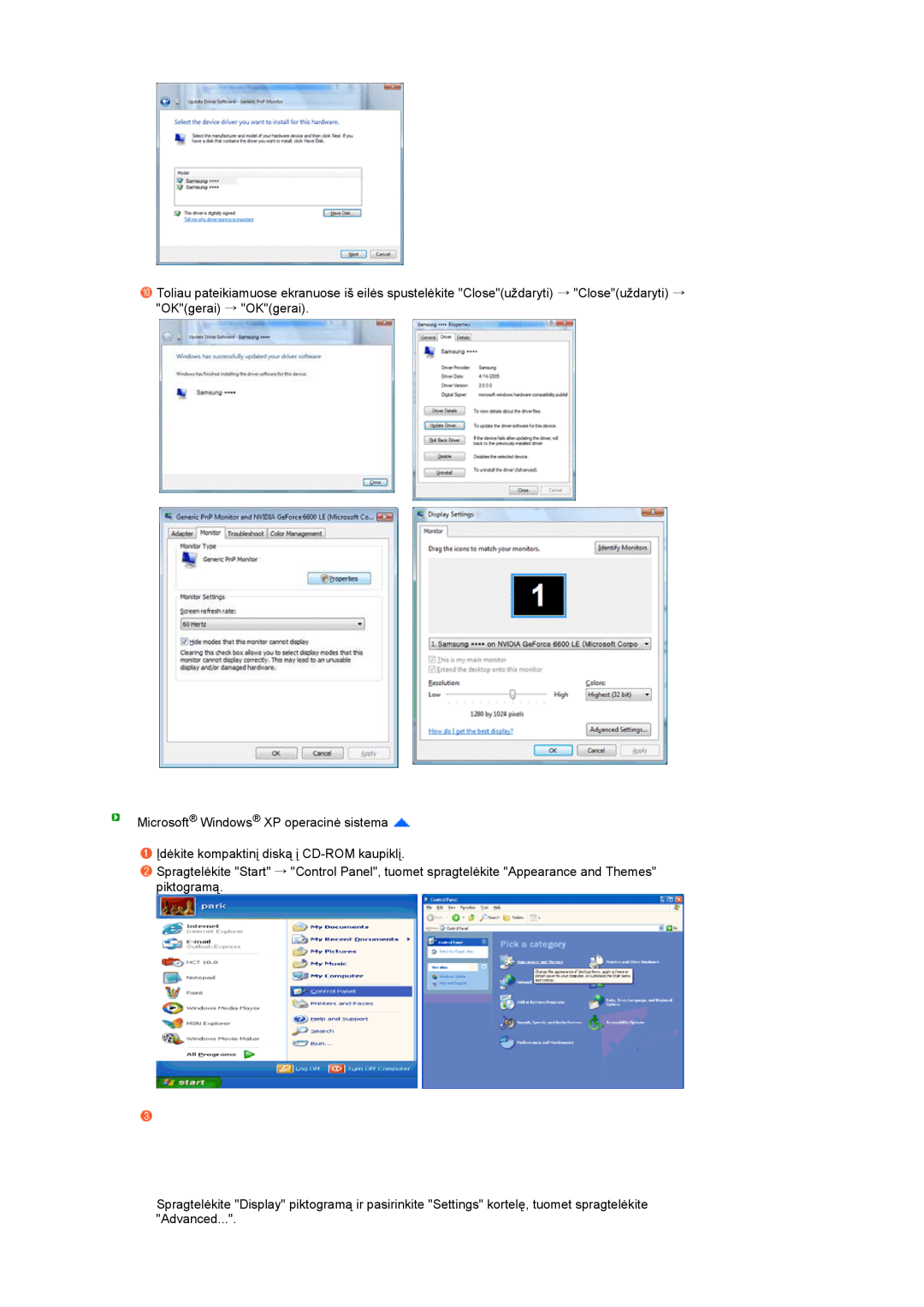 Samsung LS27HUBCB/EDC manual Microsoft Windows XP operacinė sistema, Įdėkite kompaktinį diską į CD-ROM kaupiklį 