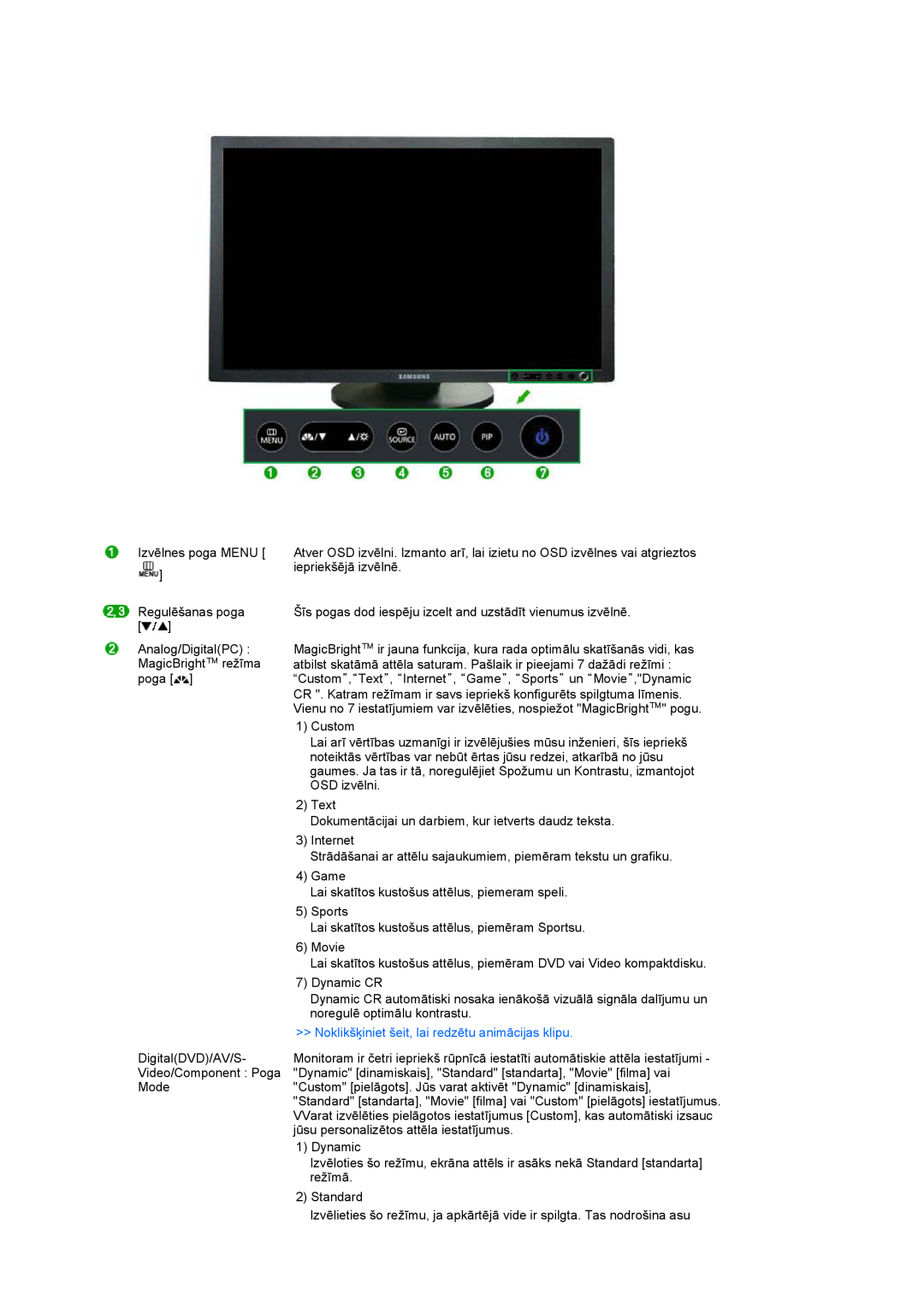 Samsung LS27HUBCB/EDC manual Izvēlnes poga MENU, Noklikšķiniet šeit, lai redzētu animācijas klipu 