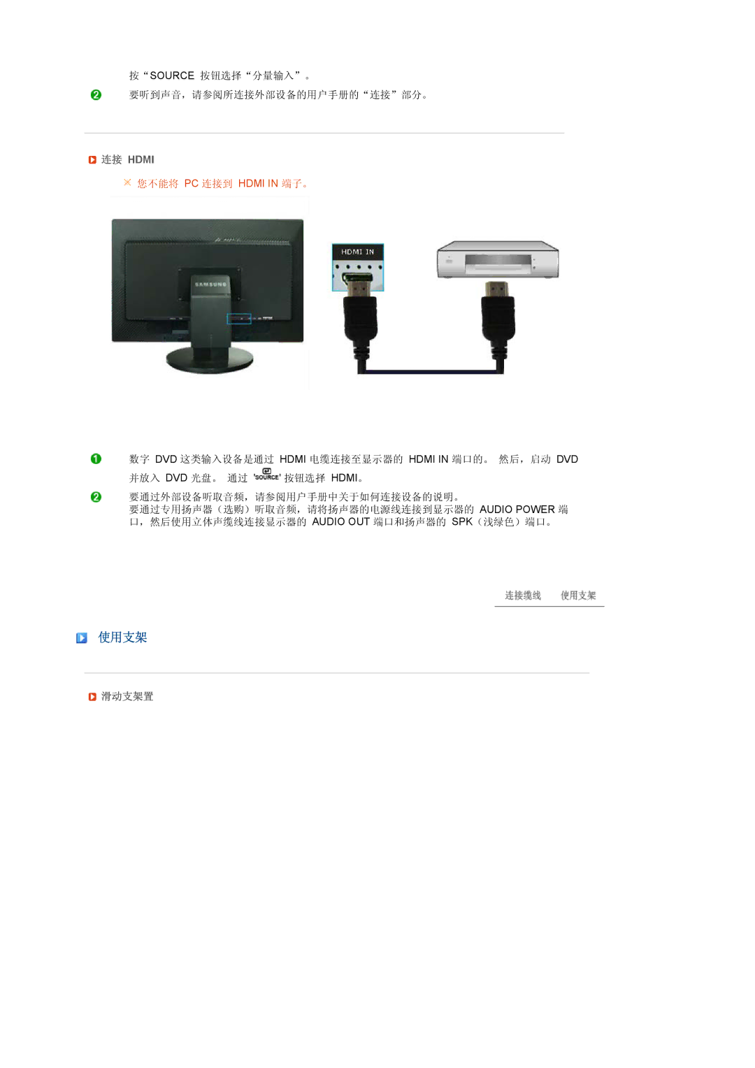 Samsung LS27HUCCSZEDC, LS27HUCCB/EDC, LS27HUCCBS/EDC, LS27HUCCBSEDC manual 使用支架, 连接 Hdmi, 您不能将 PC 连接到 Hdmi in 端子。, 滑动支架置 