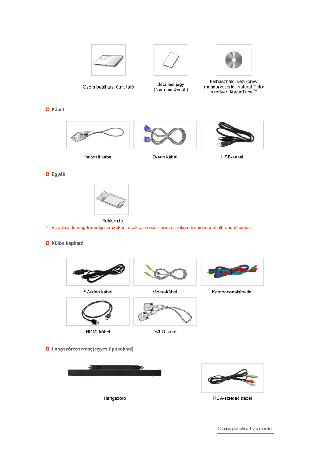 Samsung LS27HUCCBSEDC, LS27HUCCB/EDC, LS27HUCCBS/EDC manual Kábel, Egyéb, Külön kapható, Hangszórócsomagegyes tipusoknal 