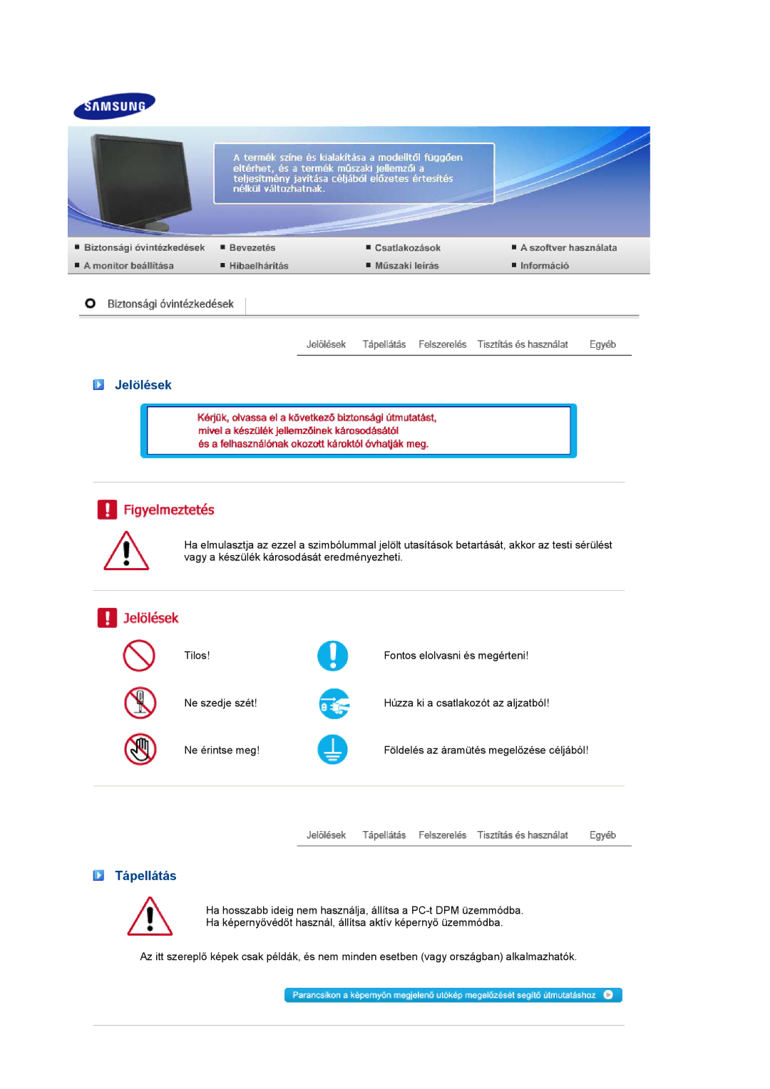 Samsung LS27HUCCSZEDC, LS27HUCCB/EDC, LS27HUCCBS/EDC, LS27HUCCBSEDC manual Jelölések, Tápellátás 