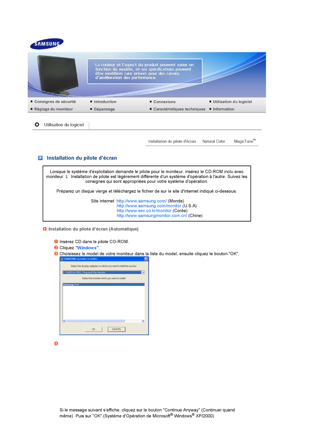 Samsung LS27HUCCB/EDC, LS27HUCCBS/EDC manual Installation du pilote d’écran Automatique 