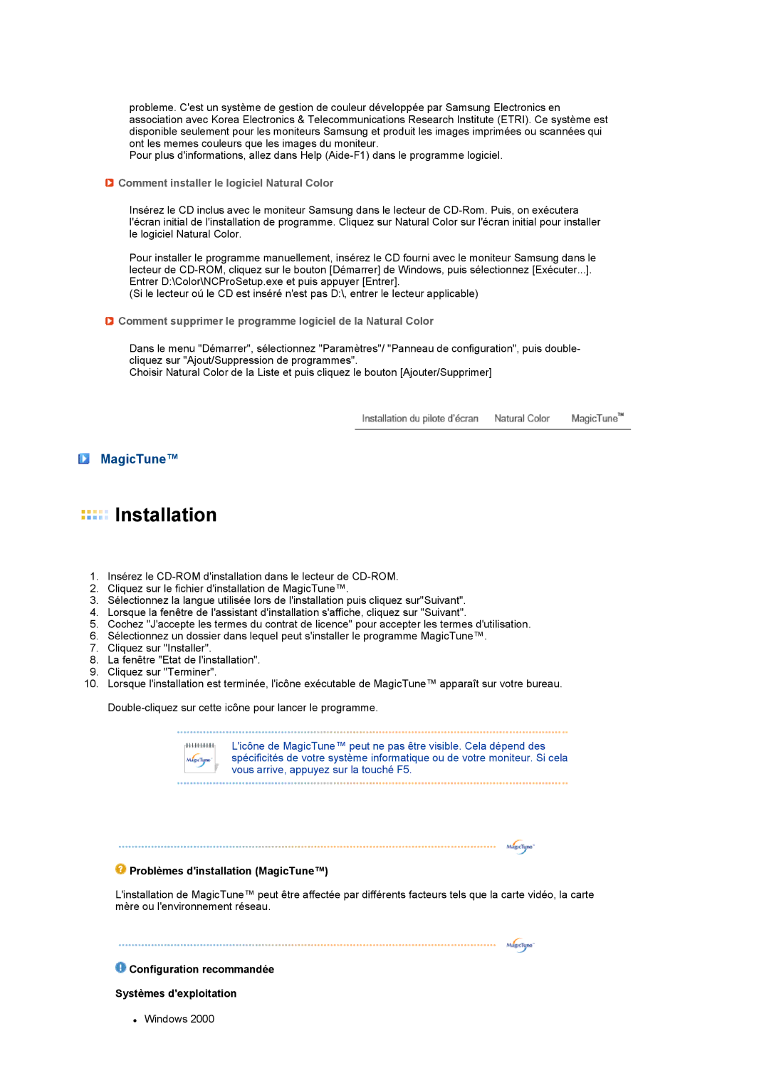 Samsung LS27HUCCB/EDC, LS27HUCCBS/EDC manual MagicTune, Comment installer le logiciel Natural Color 