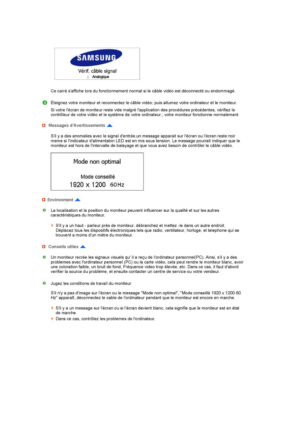 Samsung LS27HUCCBS/EDC, LS27HUCCB/EDC manual Messages dAvertissements, Environment, Conseils utiles 