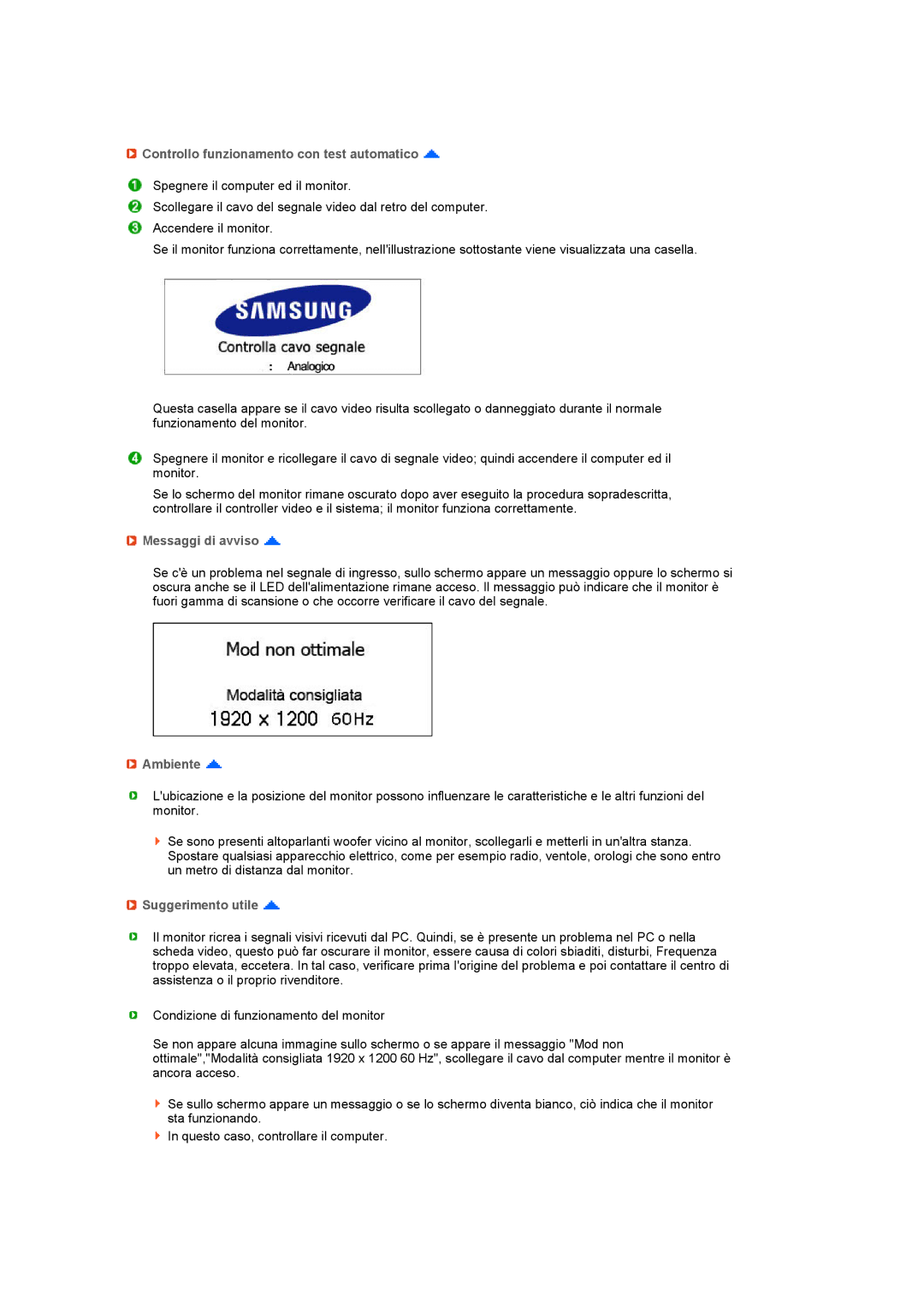 Samsung LS27HUCCB/EDC manual Controllo funzionamento con test automatico, Messaggi di avviso, Ambiente, Suggerimento utile 