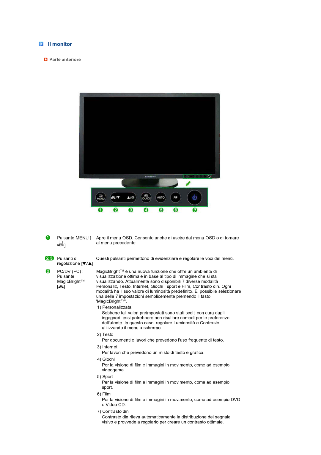 Samsung LS27HUCCB/EDC, LS27HUCCBS/EDC manual Il monitor, Parte anteriore, Pc/Dvipc 