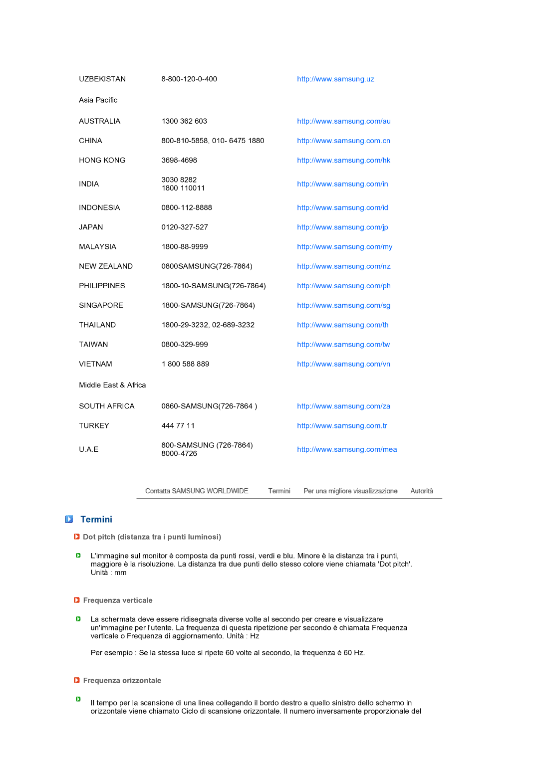 Samsung LS27HUCCB/EDC manual Termini, Dot pitch distanza tra i punti luminosi, Frequenza verticale, Frequenza orizzontale 