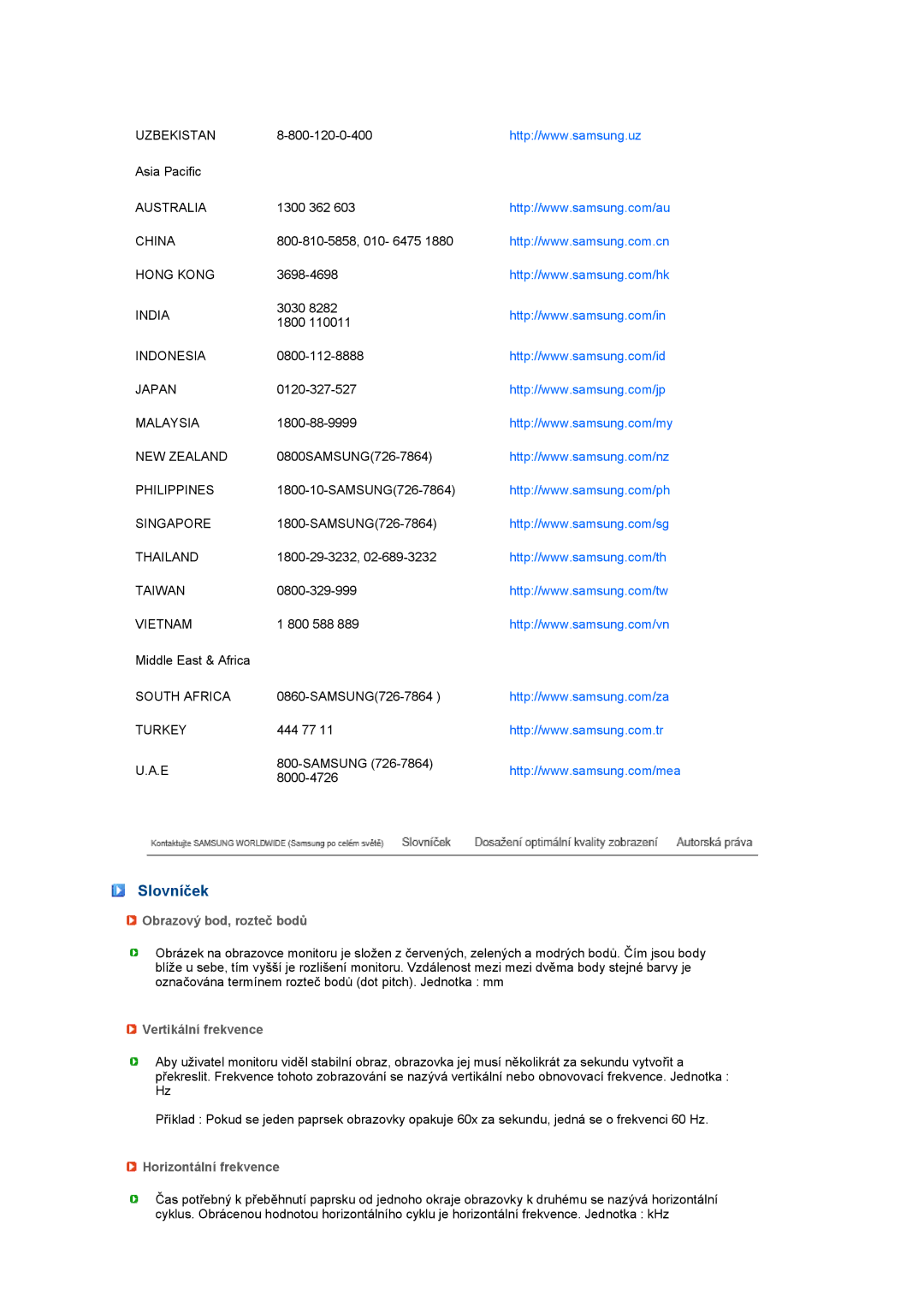 Samsung LS27HUCCBS/EDC, LS27HUCCB/EDC Slovníček, Obrazový bod, rozteč bodů, Vertikální frekvence, Horizontální frekvence 