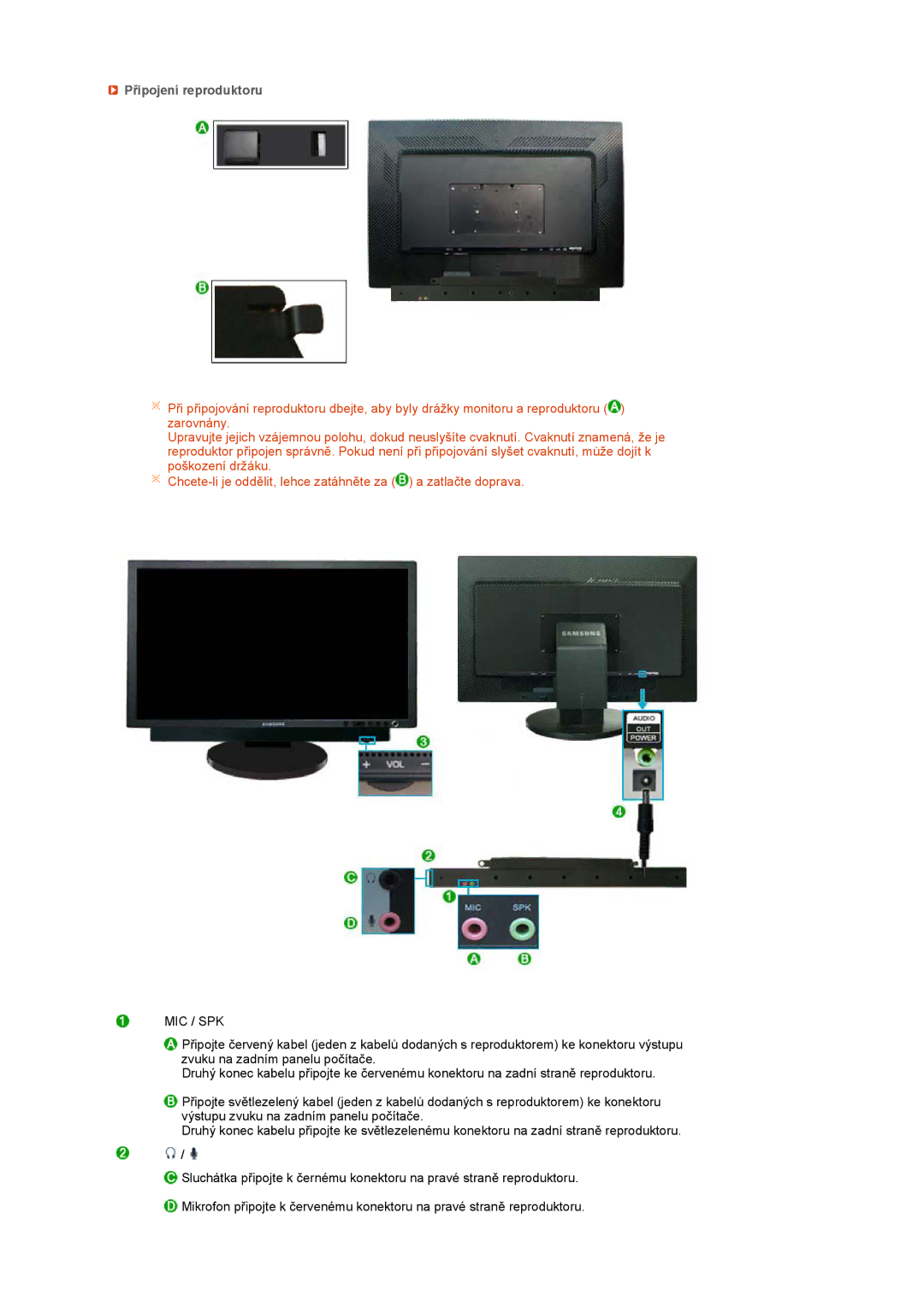 Samsung LS27HUCCB/EDC, LS27HUCCBS/EDC manual Připojení reproduktoru, Mic / Spk 