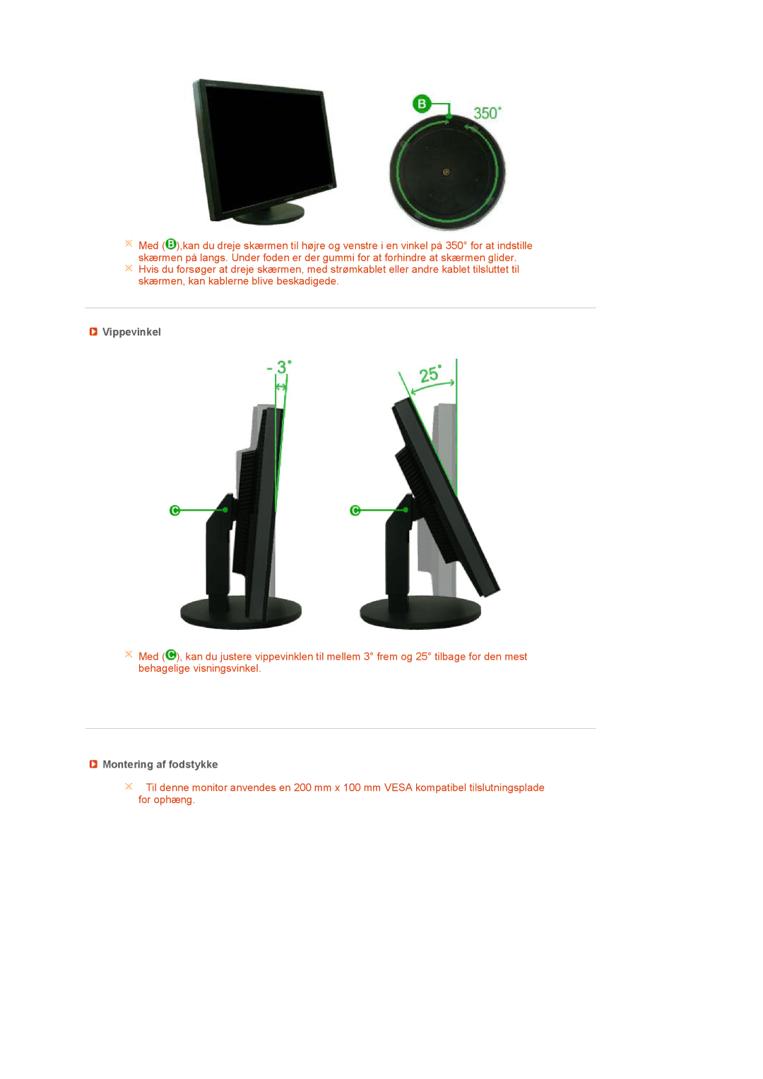 Samsung LS27HUCCB/EDC manual Vippevinkel, Montering af fodstykke 