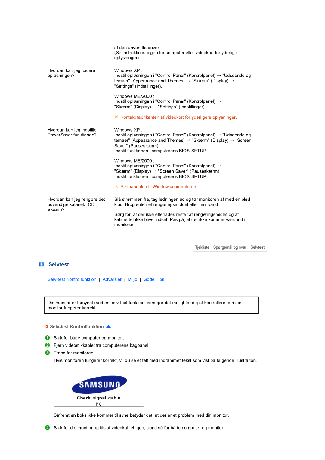 Samsung LS27HUCCB/EDC manual Selvtest, Selv-test Kontrolfunktion Advarsler Miljø Gode Tips 