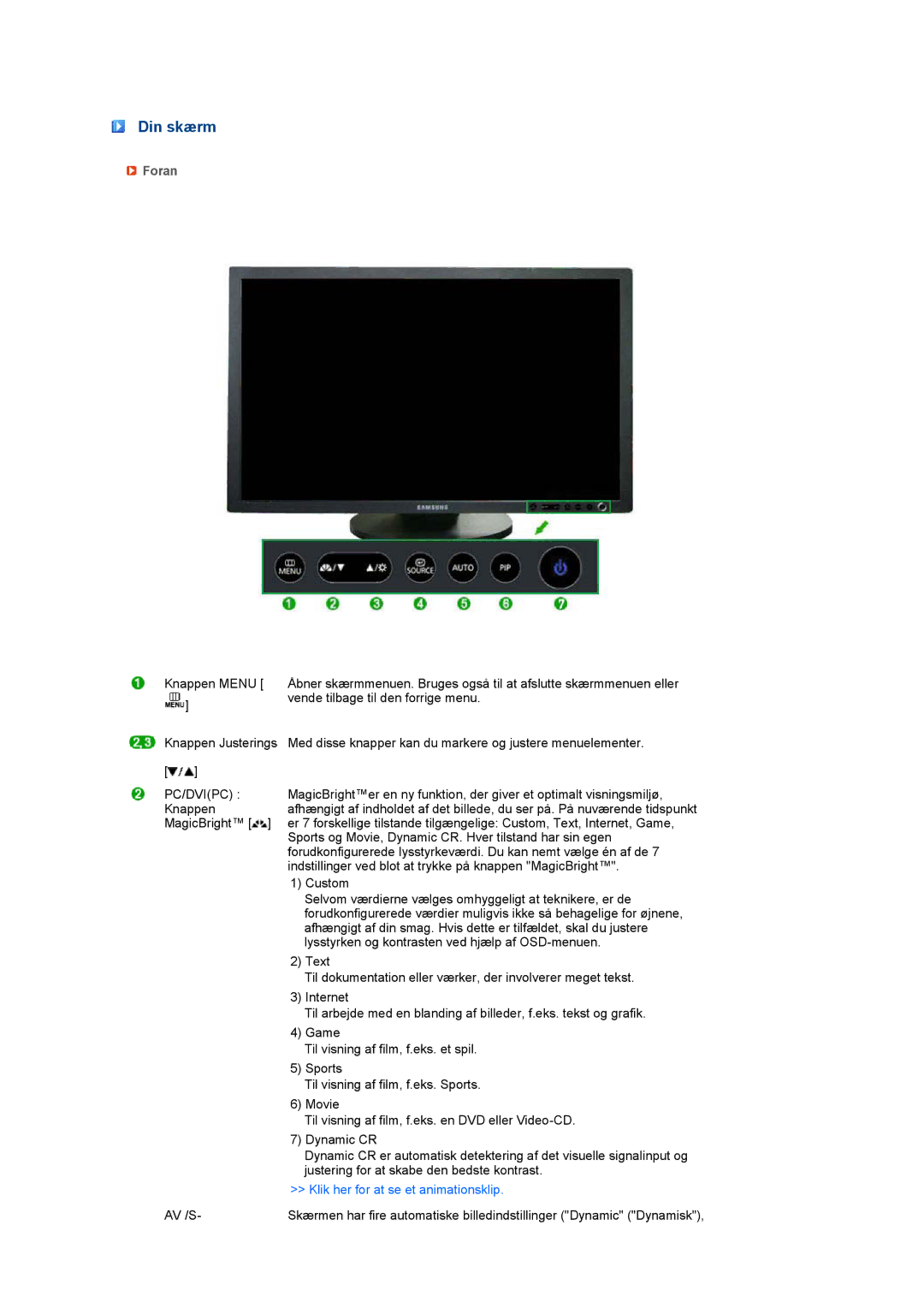 Samsung LS27HUCCB/EDC manual Din skærm, Foran, Pc/Dvipc, Klik her for at se et animationsklip 