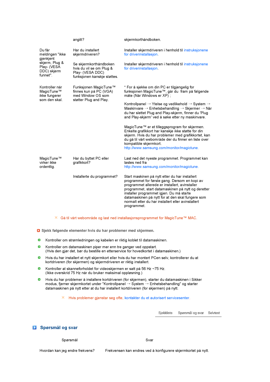 Samsung LS27HUCCB/EDC manual Spørsmål og svar, Sjekk følgende elementer hvis du har problemer med skjermen 