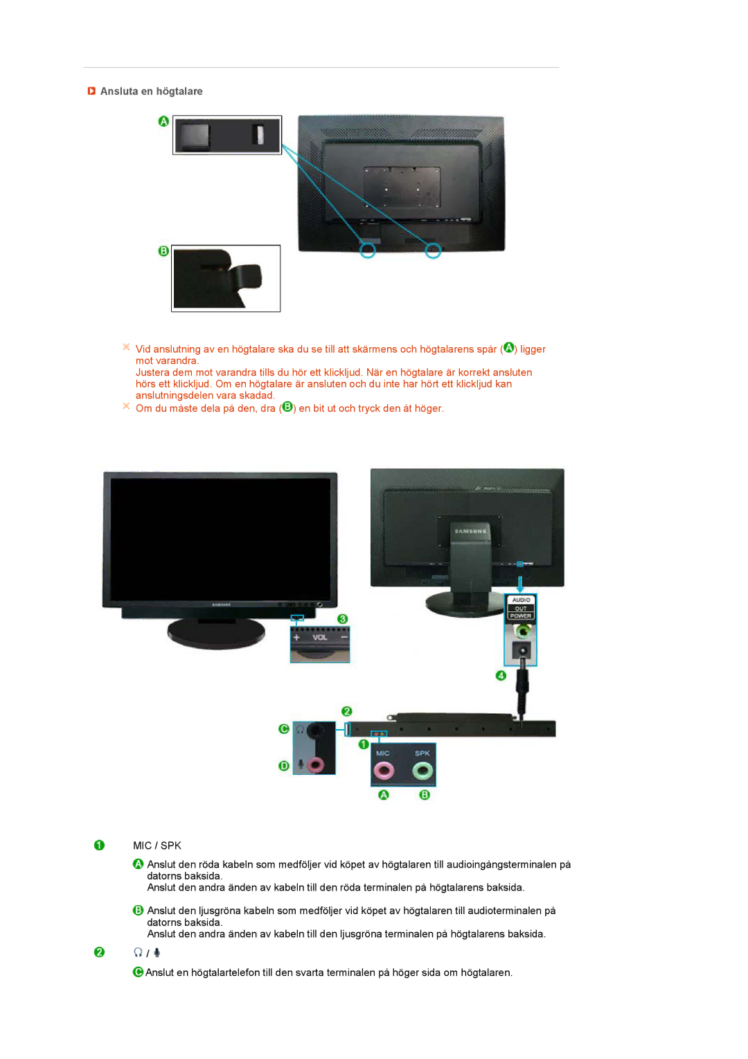 Samsung LS27HUCCB/EDC manual Ansluta en högtalare, Mic / Spk 