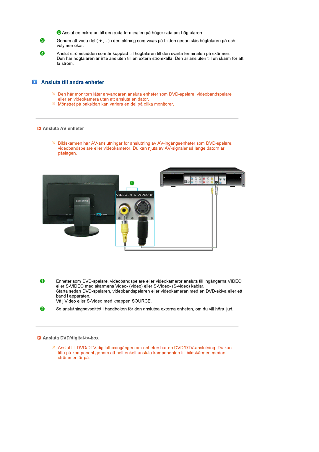 Samsung LS27HUCCB/EDC manual Ansluta till andra enheter, Ansluta AV-enheter, Ansluta DVD/digital-tv-box 