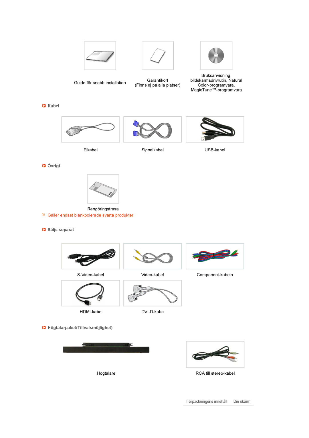 Samsung LS27HUCCB/EDC manual Kabel, Övrigt, Säljs separat, HögtalarpaketTillvalsmöjlighet 