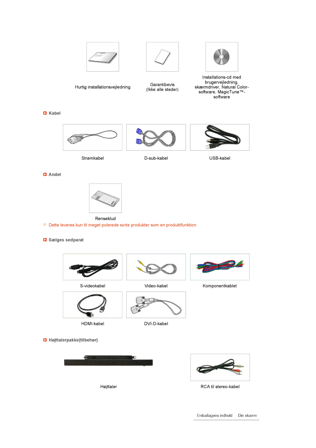 Samsung LS27HUCCB/EDC manual Kabel, Andet, Sælges sedparat, Højttalerpakketilbehør 