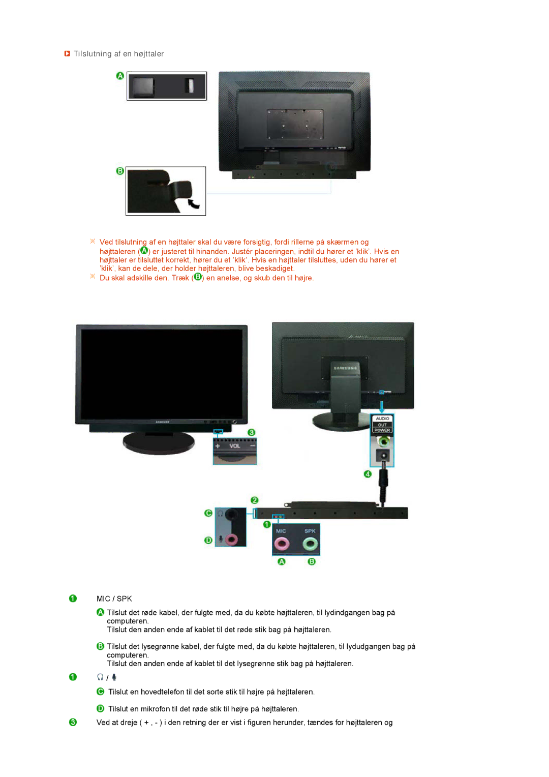 Samsung LS27HUCCB/EDC manual Tilslutning af en højttaler, Mic / Spk 