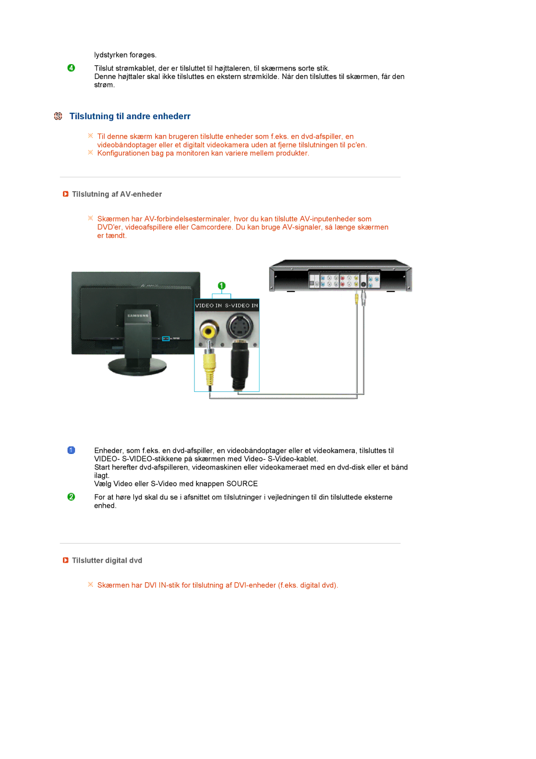 Samsung LS27HUCCB/EDC manual Tilslutning til andre enhederr, Tilslutning af AV-enheder, Tilslutter digital dvd 