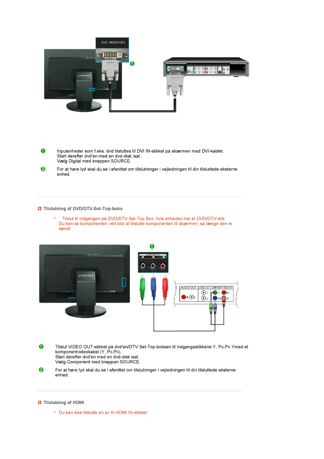 Samsung LS27HUCCB/EDC manual Tilslutning af DVD/DTV-Set-Top-boks, Tilslutning af Hdmi 