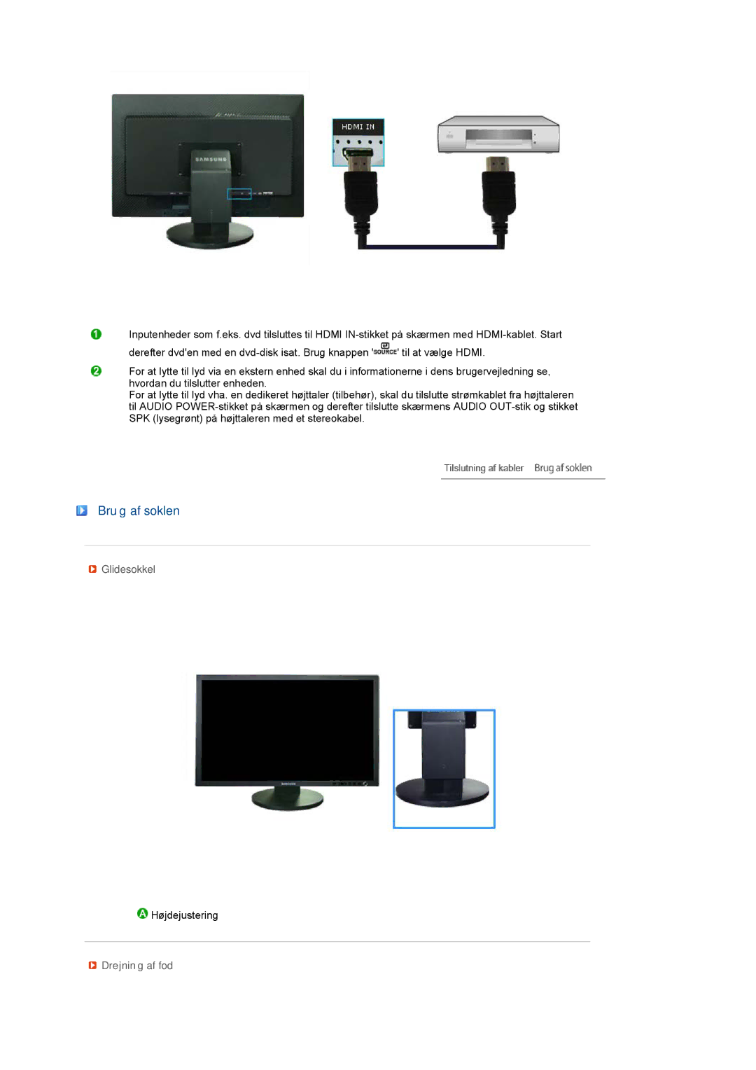 Samsung LS27HUCCB/EDC manual Brug af soklen, Glidesokkel, Drejning af fod 