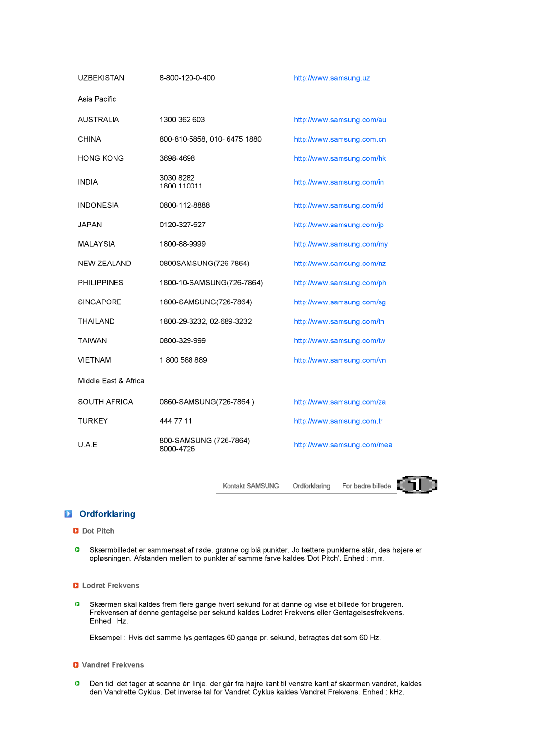 Samsung LS27HUCCB/EDC manual Ordforklaring, Dot Pitch, Lodret Frekvens, Vandret Frekvens 