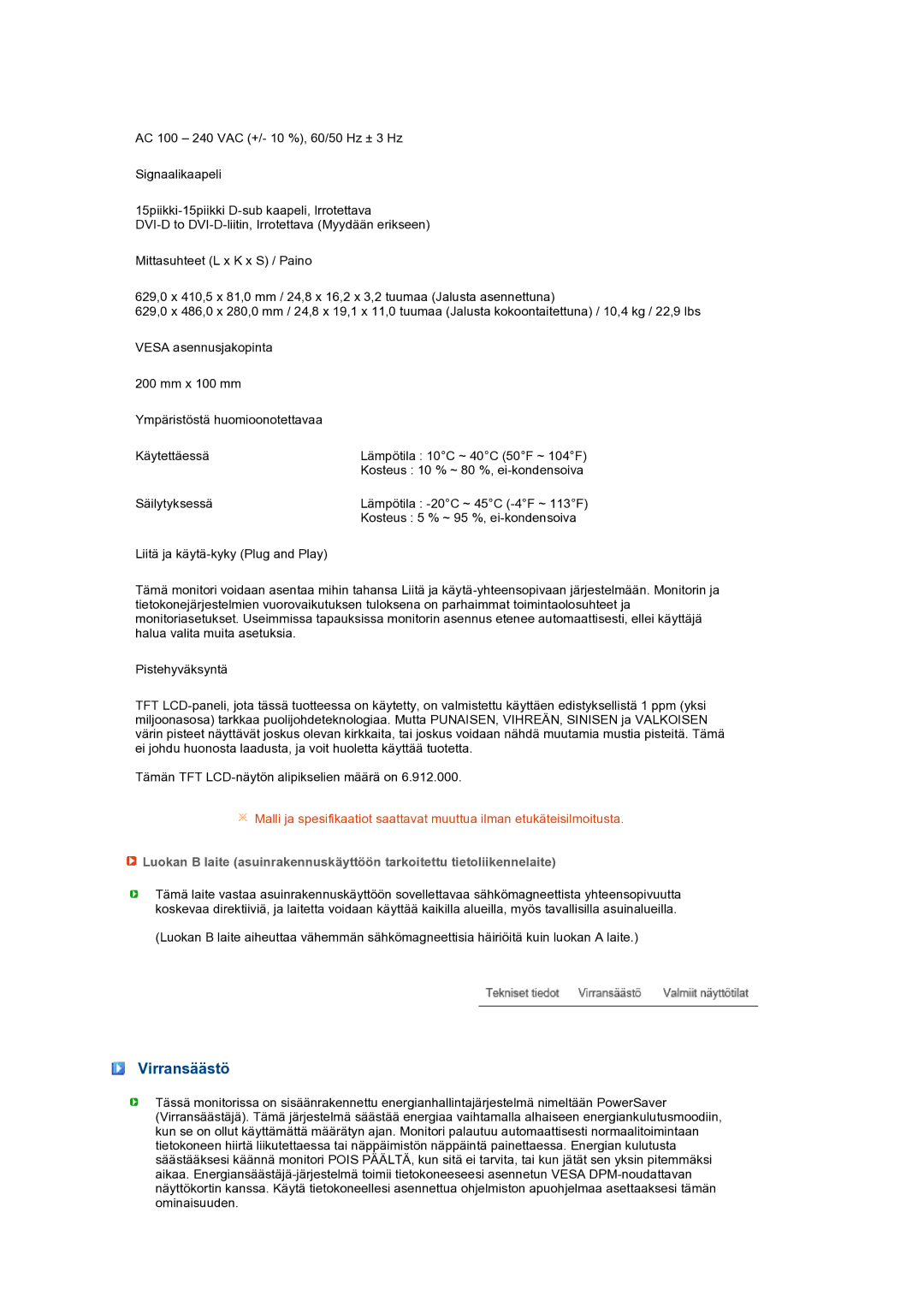 Samsung LS27HUCCB/EDC manual Virransäästö 