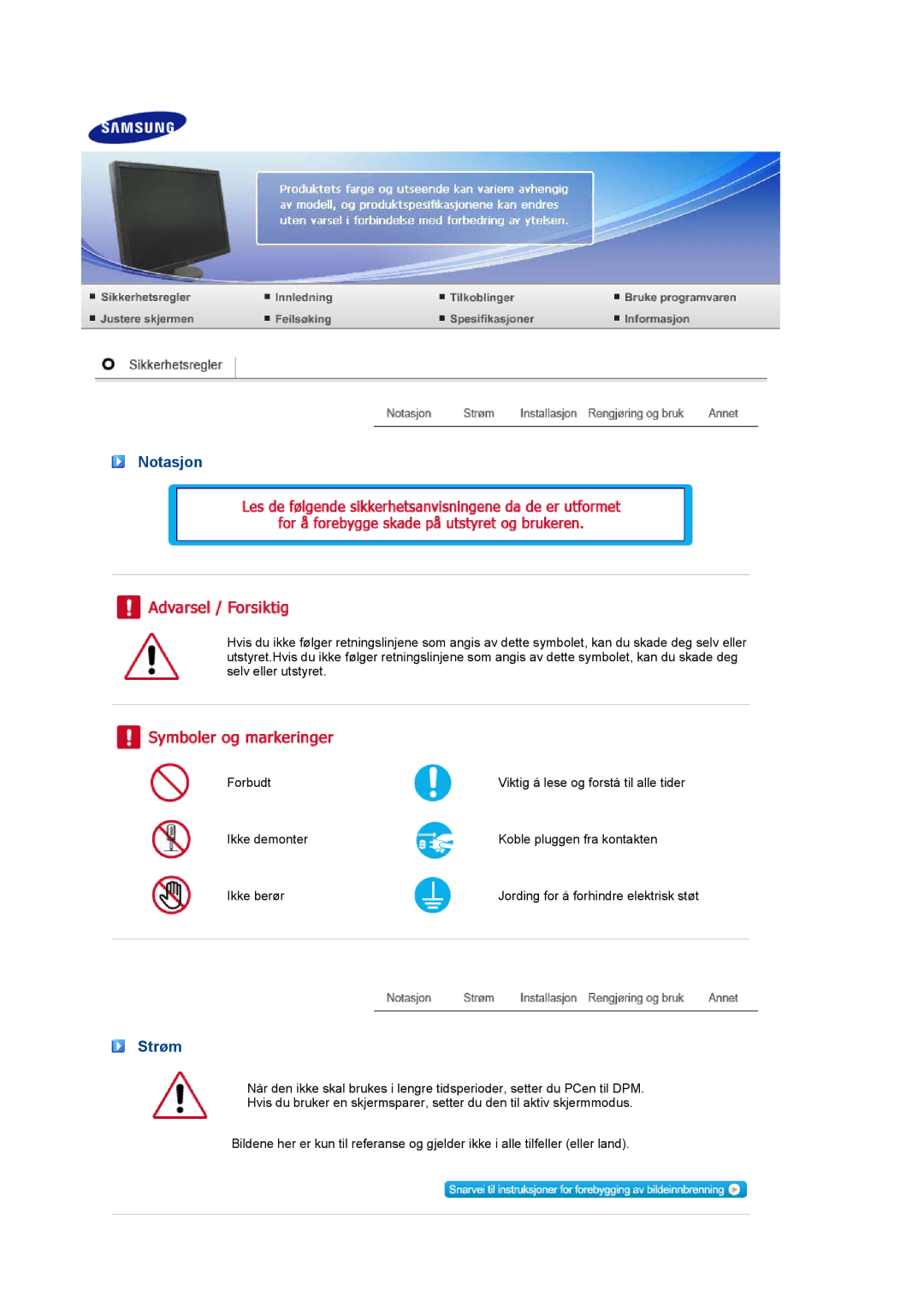 Samsung LS27HUCCB/EDC manual Notasjon, Strøm 