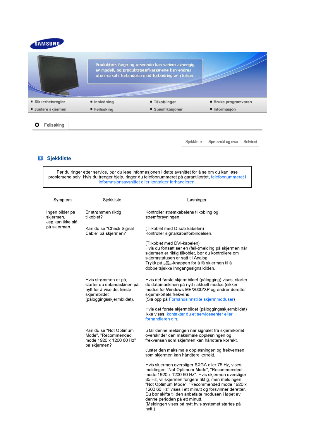 Samsung LS27HUCCB/EDC manual Sjekkliste, Informasjonsavsnittet eller kontakter forhandleren 