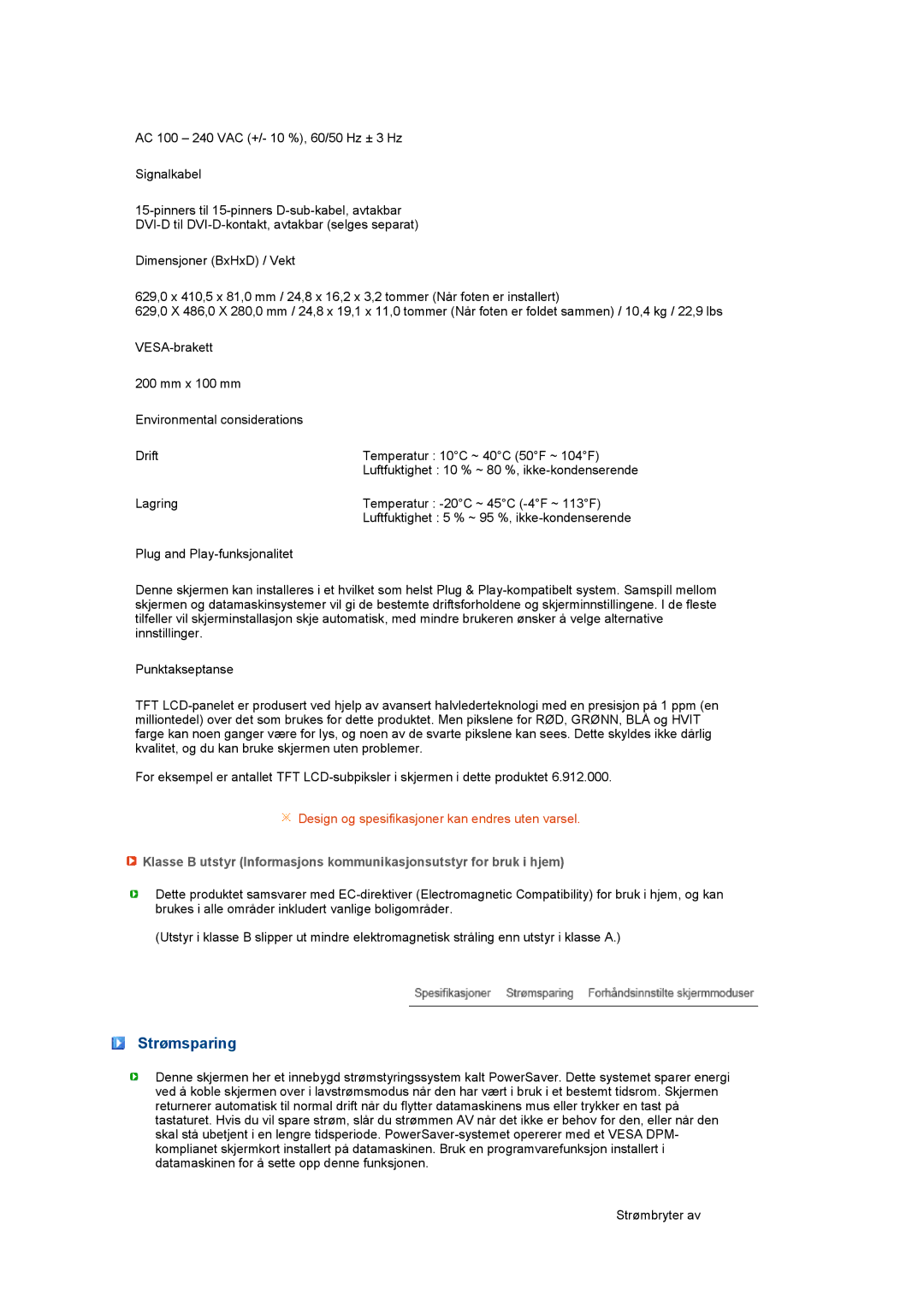 Samsung LS27HUCCB/EDC manual Strømsparing 