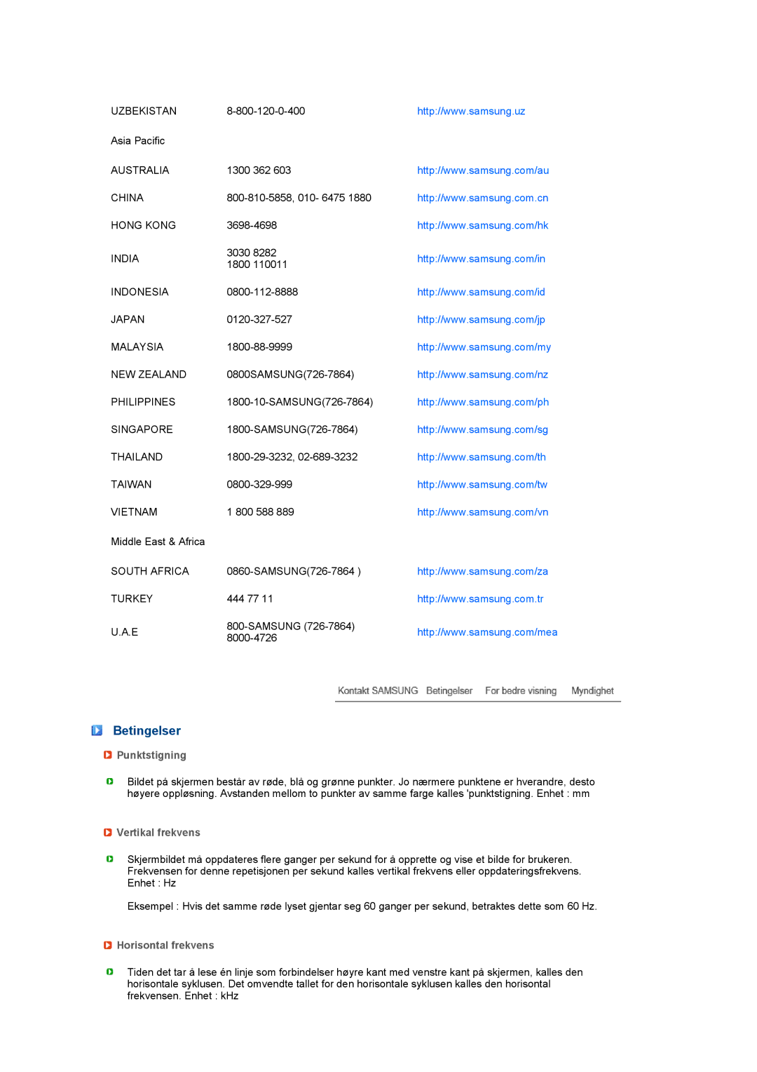 Samsung LS27HUCCB/EDC manual Betingelser, Punktstigning, Vertikal frekvens, Horisontal frekvens 