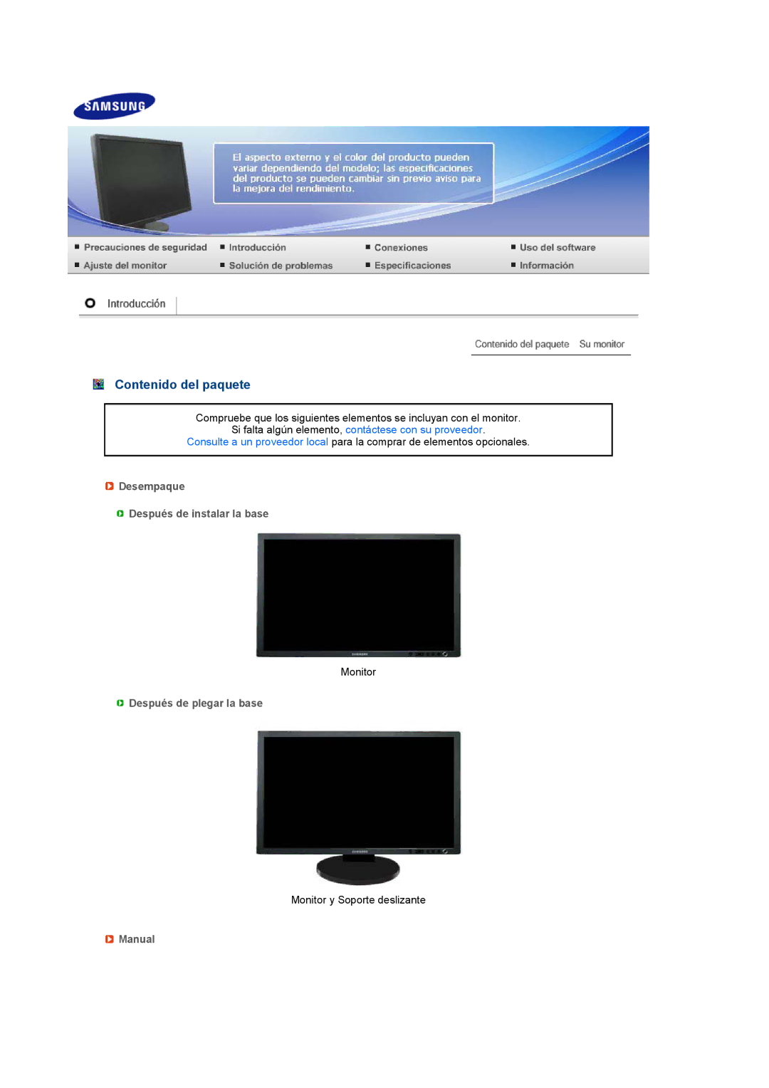 Samsung LS27HUCCB/EDC Contenido del paquete, Desempaque Después de instalar la base, Después de plegar la base, Manual 