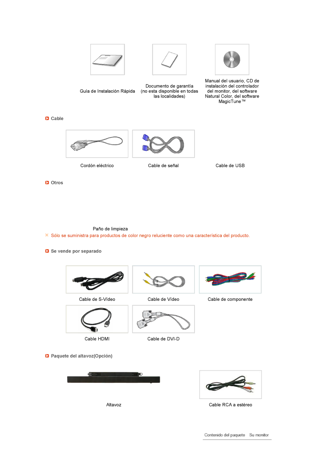 Samsung LS27HUCCB/EDC manual Cable, Otros, Se vende por separado, Paquete del altavozOpción 