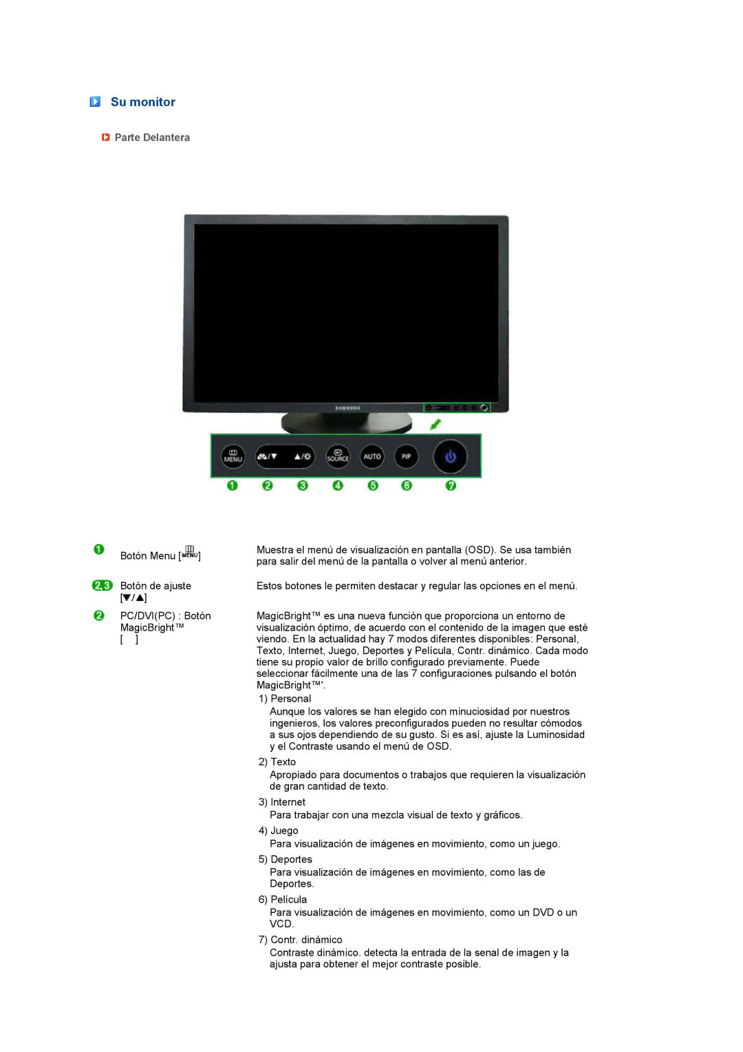 Samsung LS27HUCCB/EDC manual Su monitor, Parte Delantera 