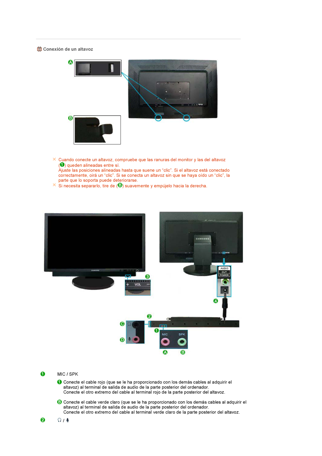 Samsung LS27HUCCB/EDC manual Conexión de un altavoz, Mic / Spk 