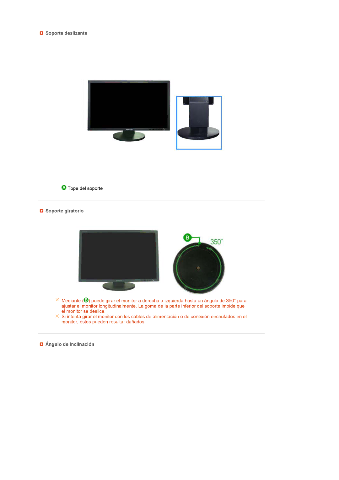Samsung LS27HUCCB/EDC manual Soporte deslizante, Soporte giratorio, Ángulo de inclinación 