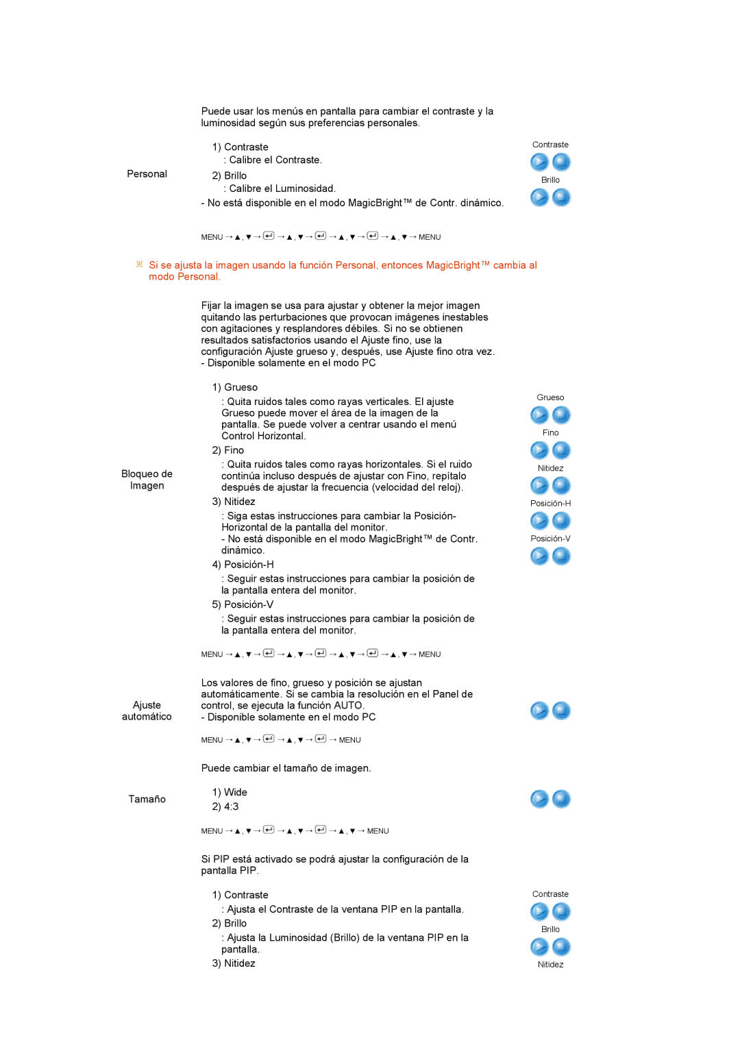 Samsung LS27HUCCB/EDC manual Los valores de fino, grueso y posición se ajustan 