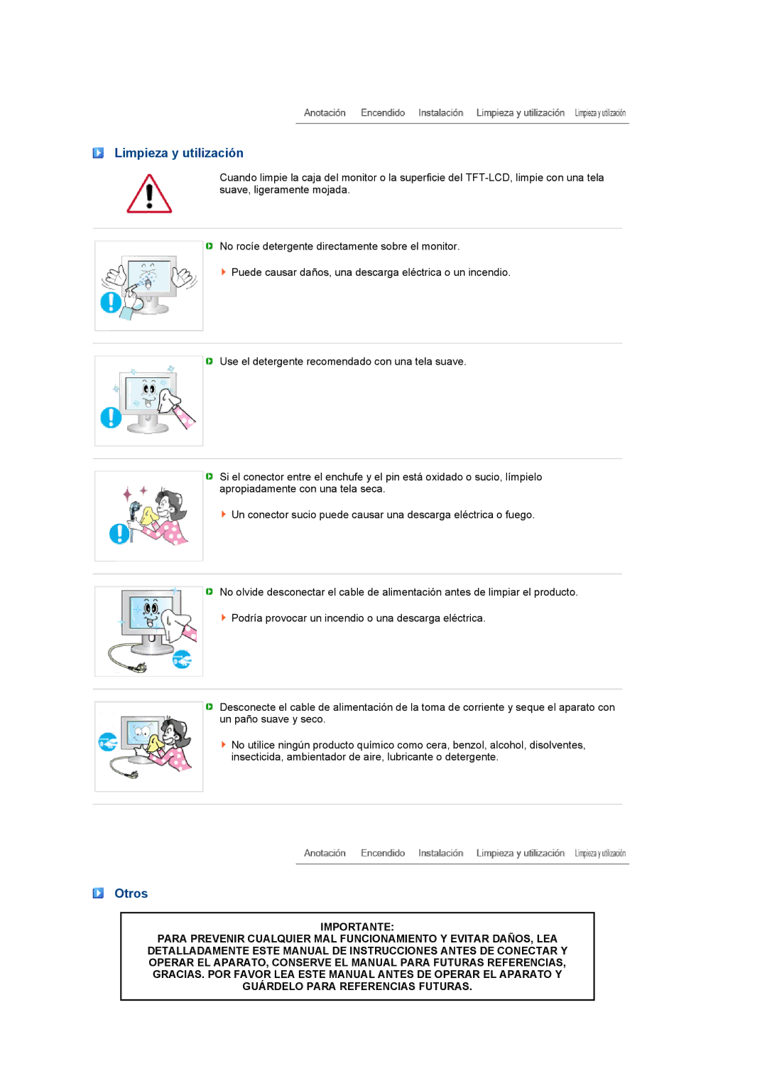 Samsung LS27HUCCB/EDC manual Limpieza y utilización, Otros 