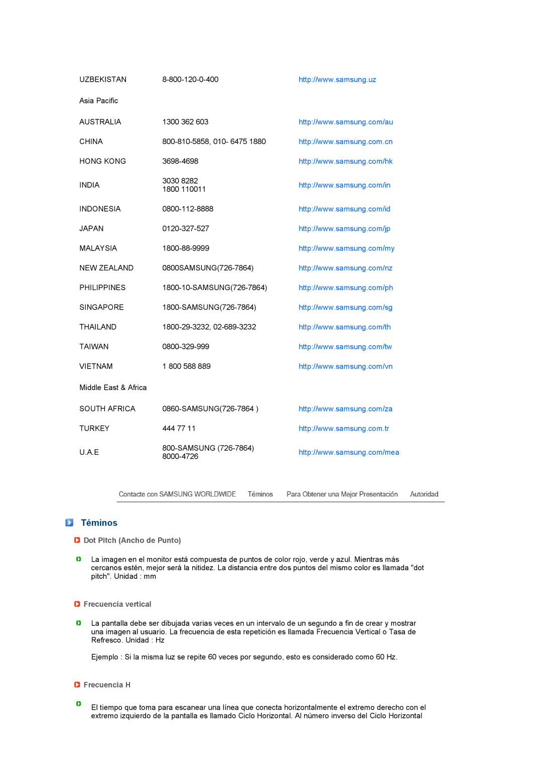 Samsung LS27HUCCB/EDC manual Téminos, Dot Pitch Ancho de Punto, Frecuencia vertical, Frecuencia H 