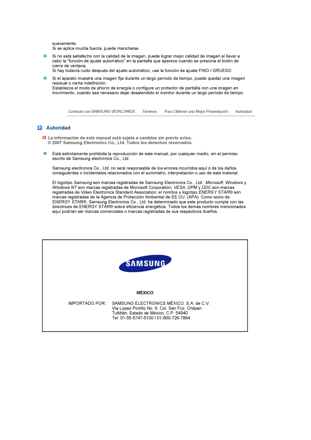 Samsung LS27HUCCB/EDC manual Autoridad, México 