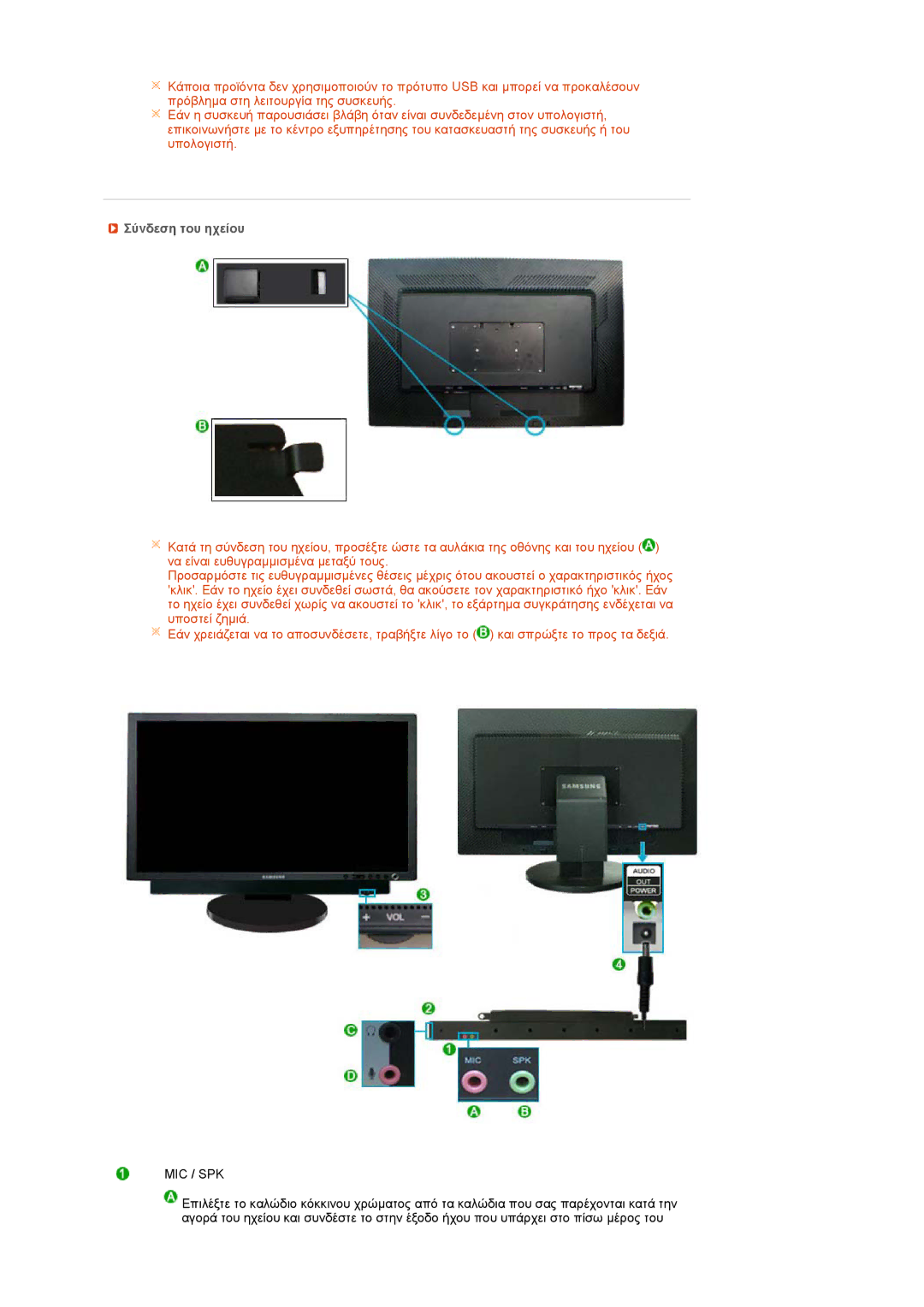 Samsung LS27HUCCB/EDC manual Σύνδεση του ηχείου, Mic / Spk 