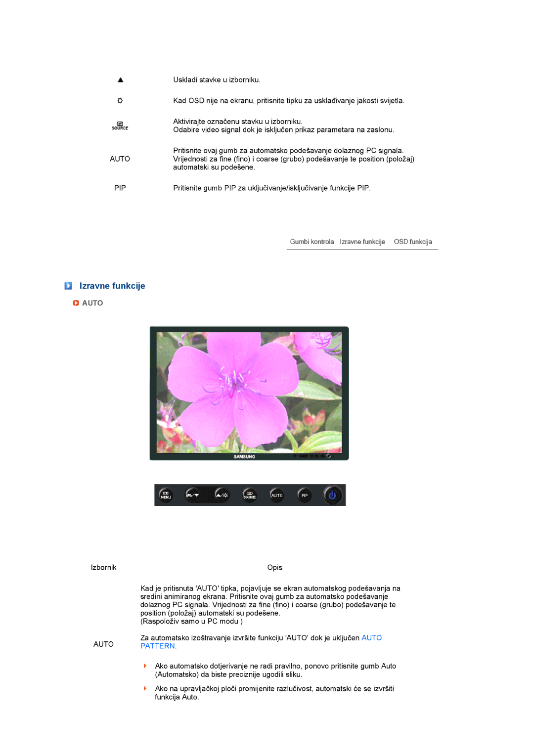 Samsung LS27HUCCB/EDC manual Izravne funkcije, Pip, Auto 
