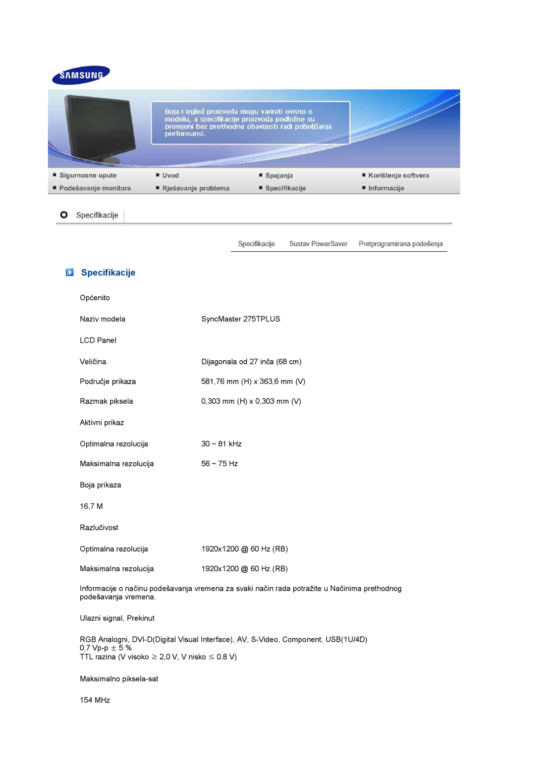 Samsung LS27HUCCB/EDC manual Specifikacije 