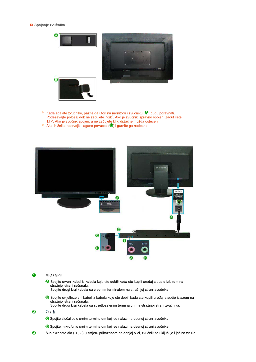 Samsung LS27HUCCB/EDC manual Spajanje zvučnika, Mic / Spk 