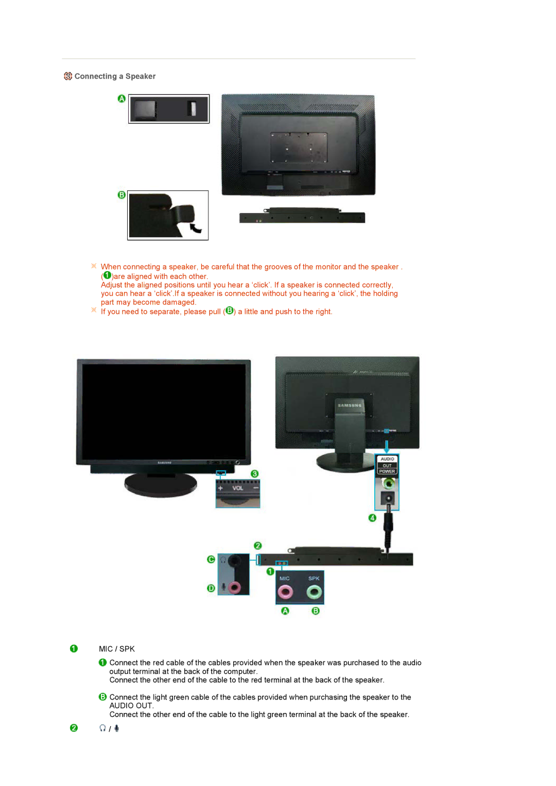 Samsung LS27HUCCSZEDC, LS27HUCCS/EDC, LS27HUCCB/EDC, LS27HUCCBS/EDC, LS27HUCCB7/CI manual Connecting a Speaker, Mic / Spk 